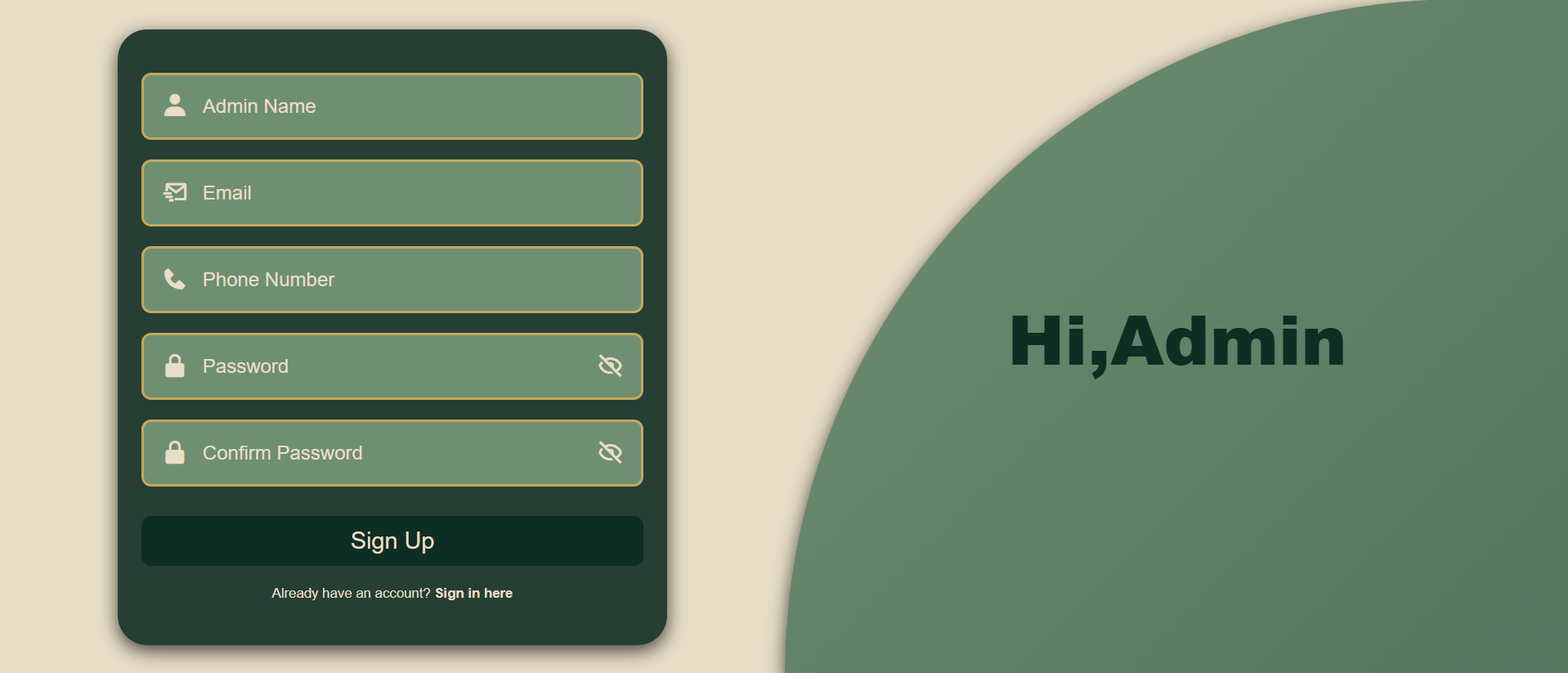 Admin sign up screen