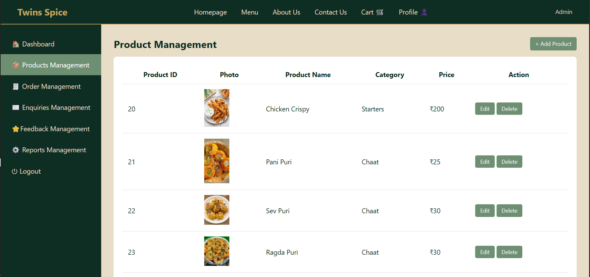Product management screen